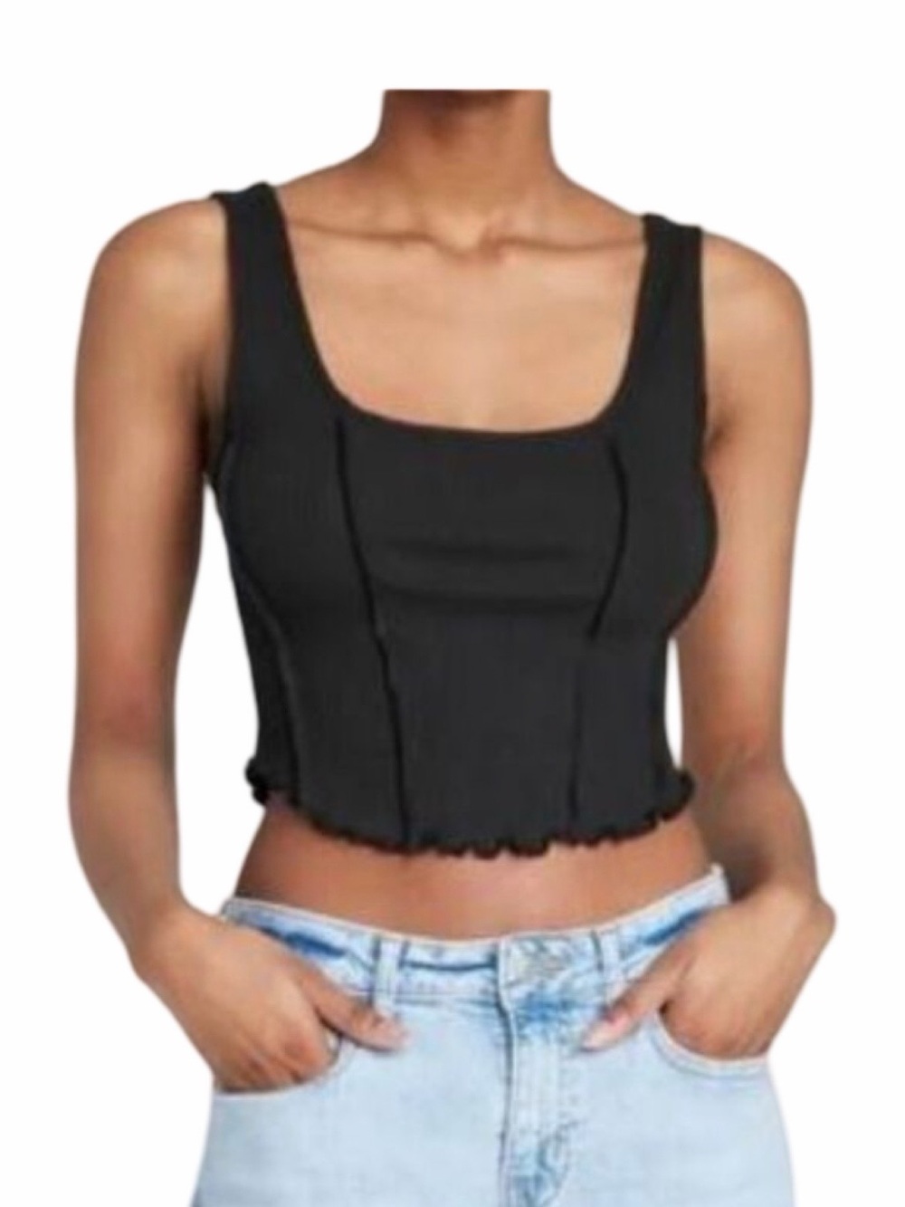 A New Day Black Ribbed Square-Neck Crop Tank Top -Women M NWT